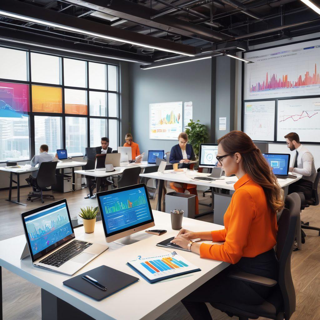 A dynamic office scene with professionals collaborating on tablets and laptops, digital dashboards displaying analytics and client interactions in the background, and seamless communication lines illustrating engagement. Incorporate diverse team members to highlight inclusivity. vibrant colors. modern vector art.