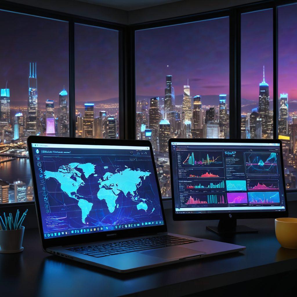 A futuristic online portal interface displayed on a sleek laptop screen, surrounded by connected holograms of team members working remotely, charts, and analytics. Background shows a modern office with a cityscape view. cyberpunk. vibrant colors. high-tech. 3D.