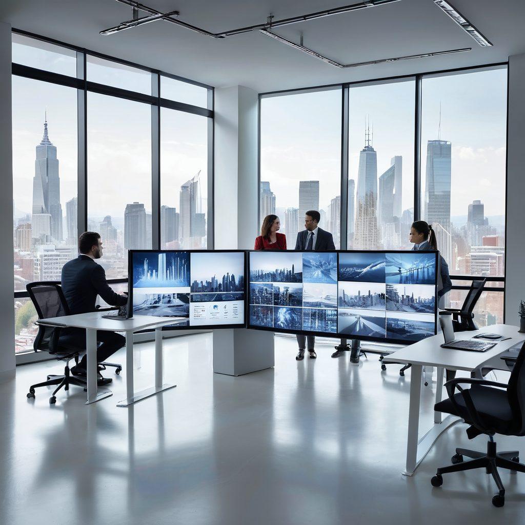 A modern office setting where diverse professionals collaborate on futuristic, transparent digital screens displaying intricate web client management dashboards. The background features a cityscape through large, floor-to-ceiling windows, symbolizing a forward-thinking and innovative environment. The image blends technology with seamless human interaction. super-realistic. vibrant colors. white background.